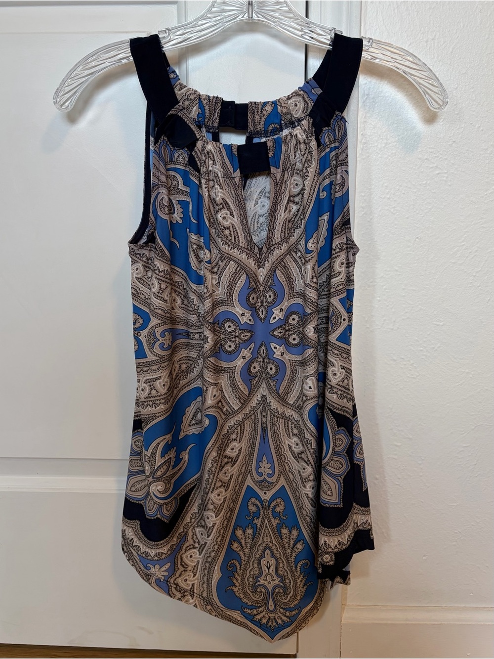 INC International Concepts Blue and Tan Paisley Keyhole Tank with Black Trim